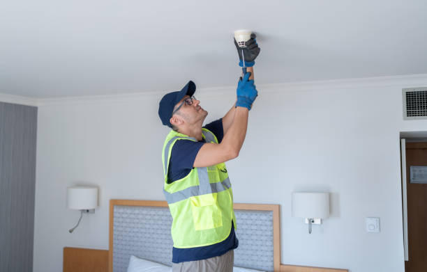 handyman installing smoke and fire alarm detector on ceiling at hotel room